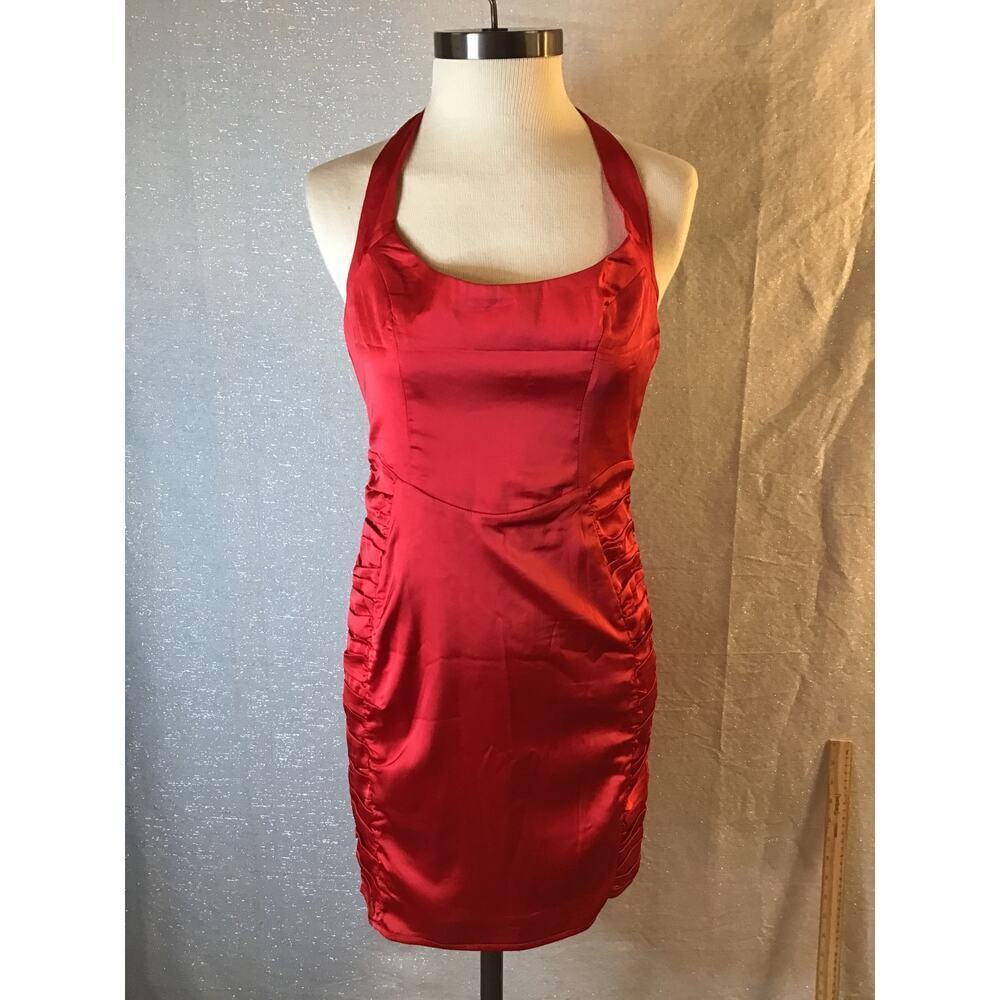 SAINTS + SECRETS NWT Red Satin Halter Ruched Mini Dress Bodycon Size 10 - Picture 3 of 13